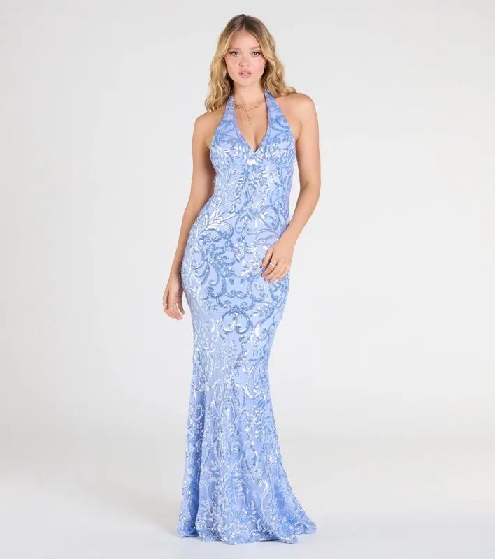 Blaire Halter Open Back Mermaid Sequin Formal Dress sold by Windsor