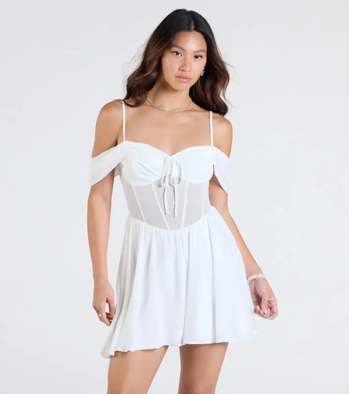 Sheer Fave Chiffon Cold-Shoulder Corset Skater Dress sold by Windsor