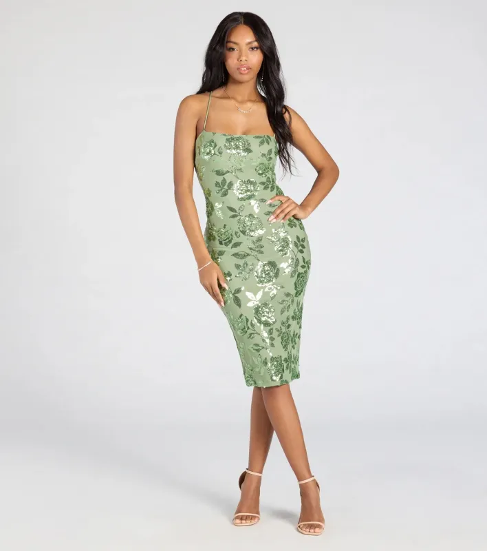 Touch Of Glamour Lace-Up Floral Sequin Midi Dress sold by Windsor