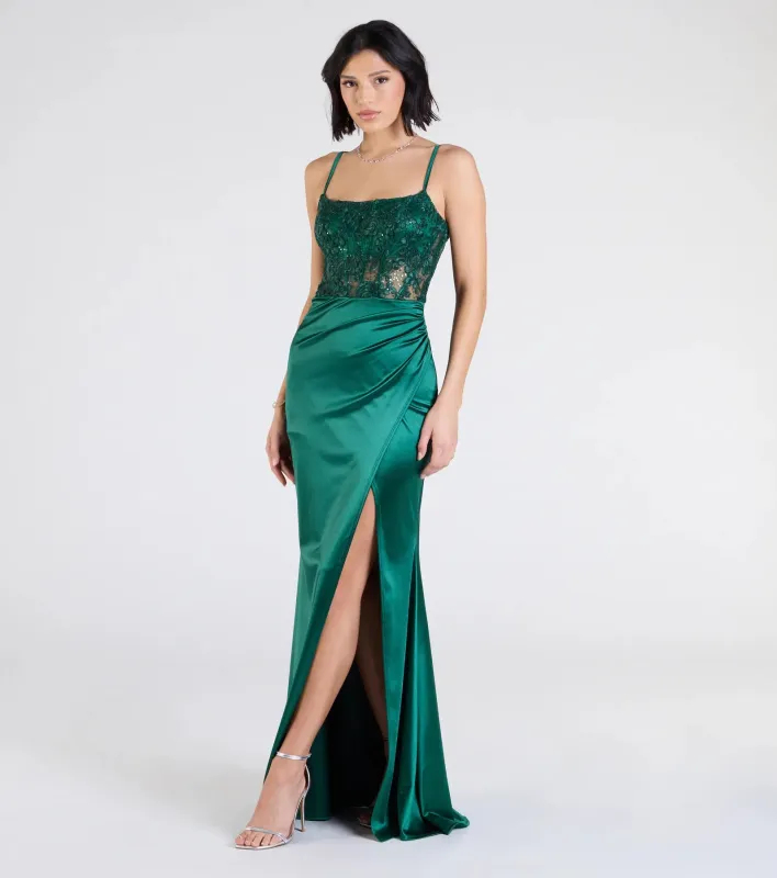 Lucia Lace Corset Slit Satin Formal Dress sold by Windsor