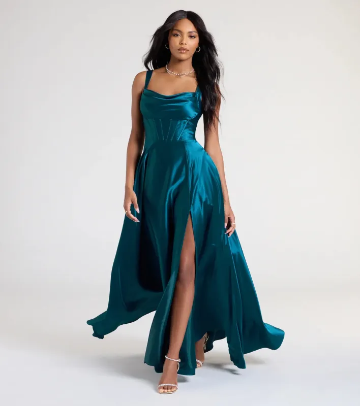 Lelia Cowl Neck Slit A-Line Satin Formal Dress sold by Windsor