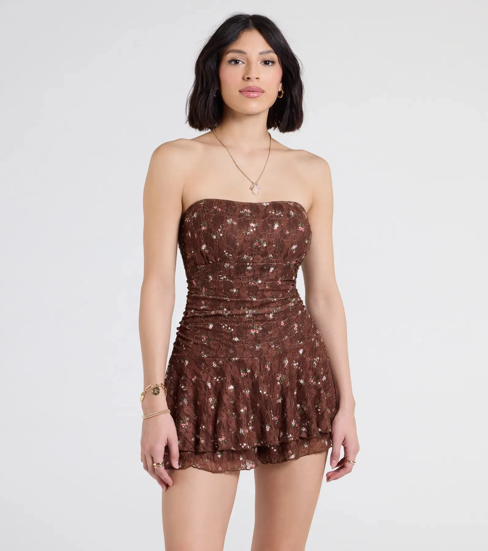 Smell The Roses Strapless Floral Lace Romper sold by Windsor
