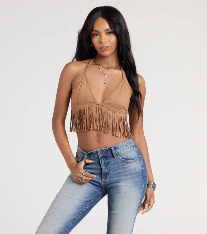 Shake It Halter Fringe Crop Top sold by Windsor