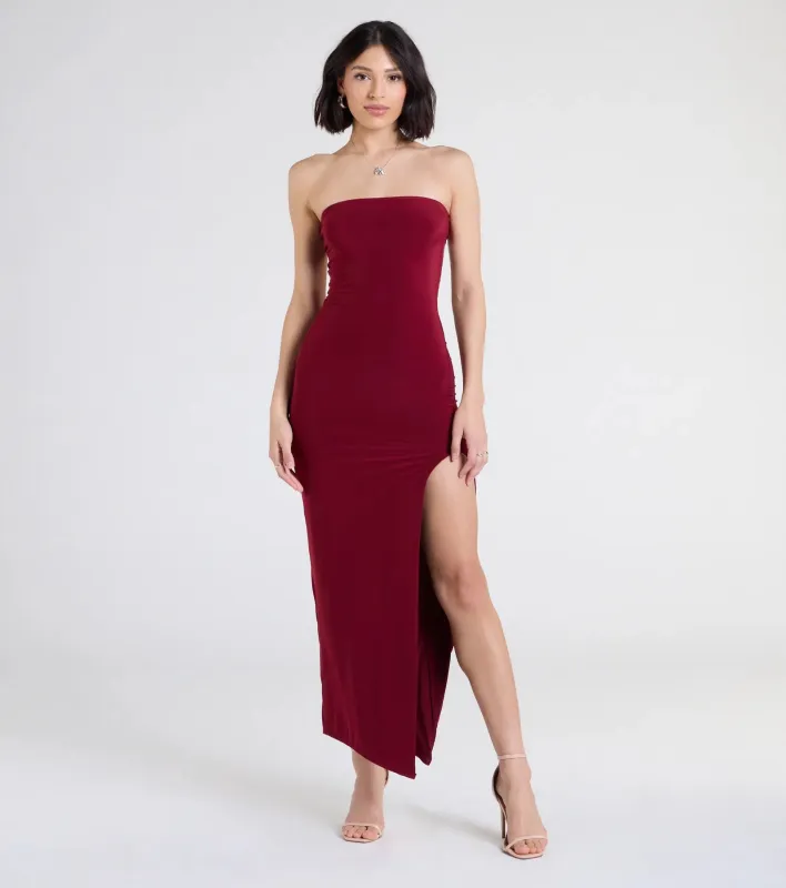 Sleek Fit Strapless High Slit Maxi Dress sold by Windsor