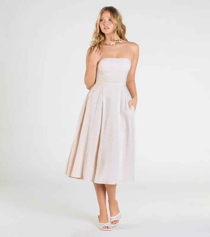 Love's A Picnic Strapless Gingham A-Line Midi Dress sold by Windsor