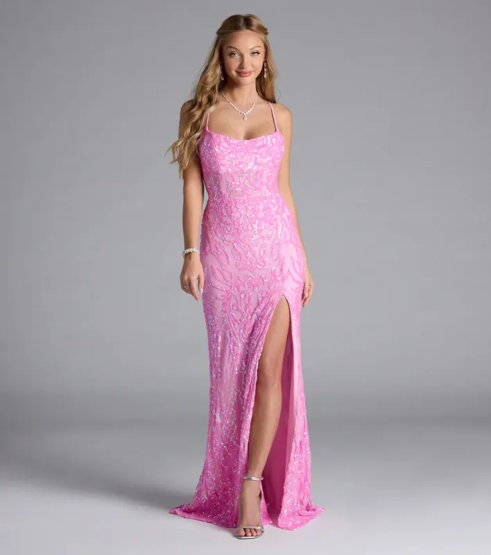 Lani Lace-Up Slit Mermaid Sequin Formal Dress sold by Windsor
