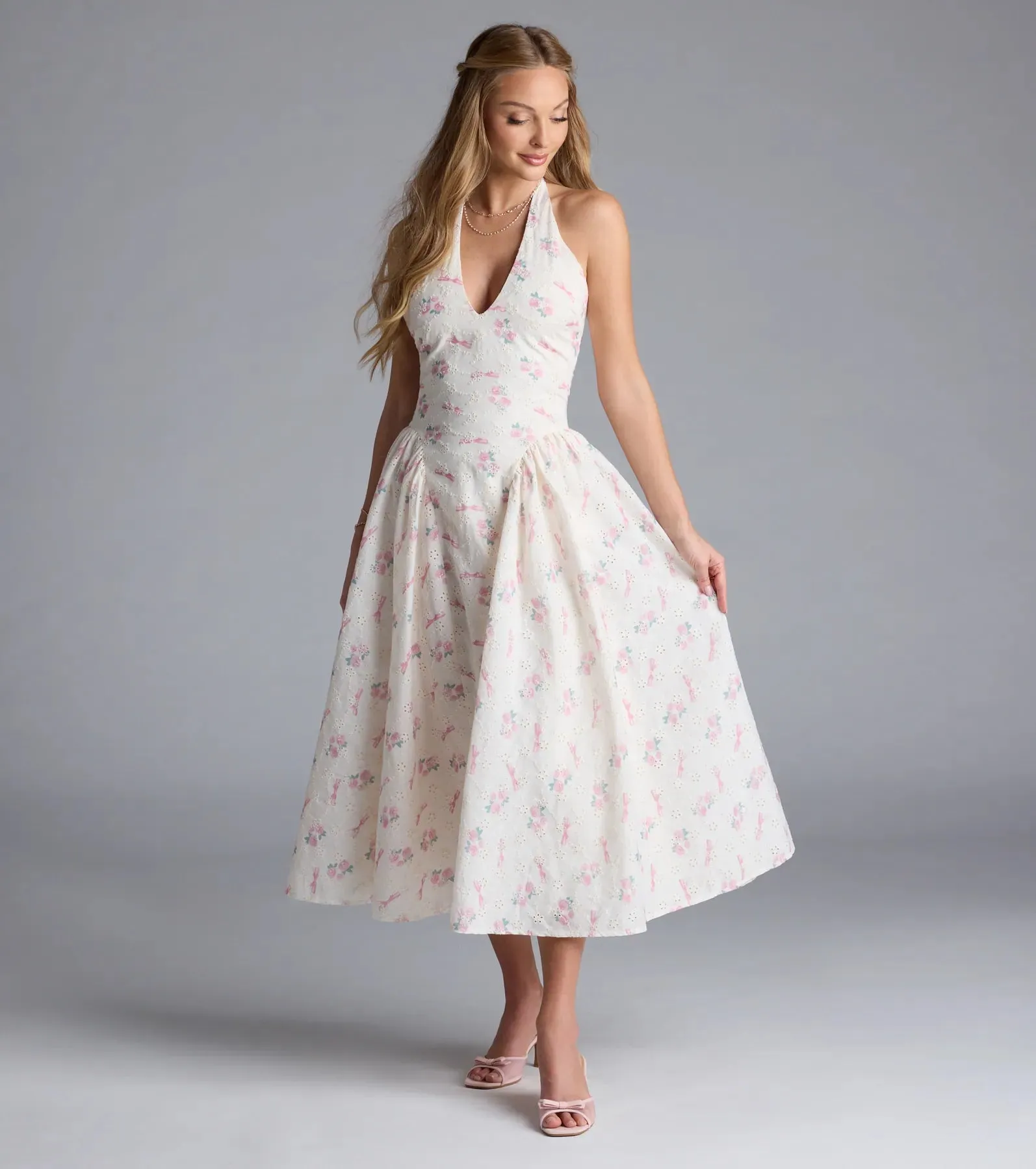 Sunny Daze Charm Halter V-Neck Floral A-Line Midi Dress sold by Windsor