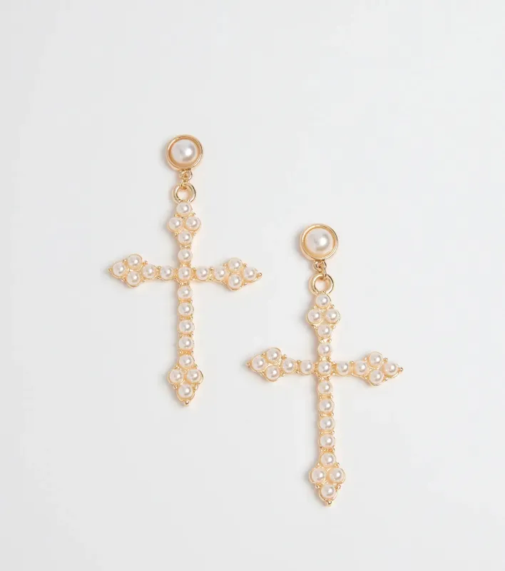 Blessed Style Faux Pearl Cross Earrings sold by Windsor