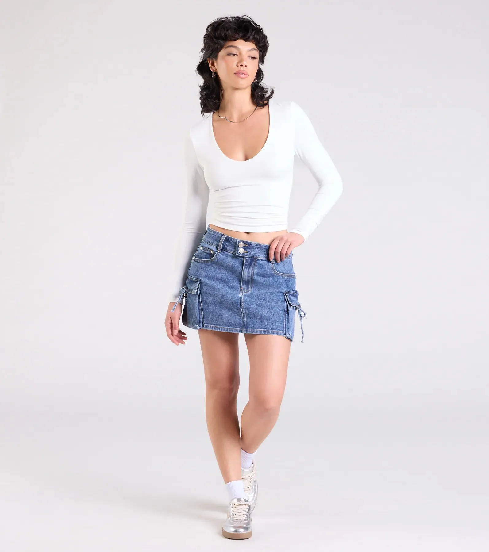 A Vibe Mid-Rise Cargo Denim Mini Skirt sold by Windsor product image thumbnail 3