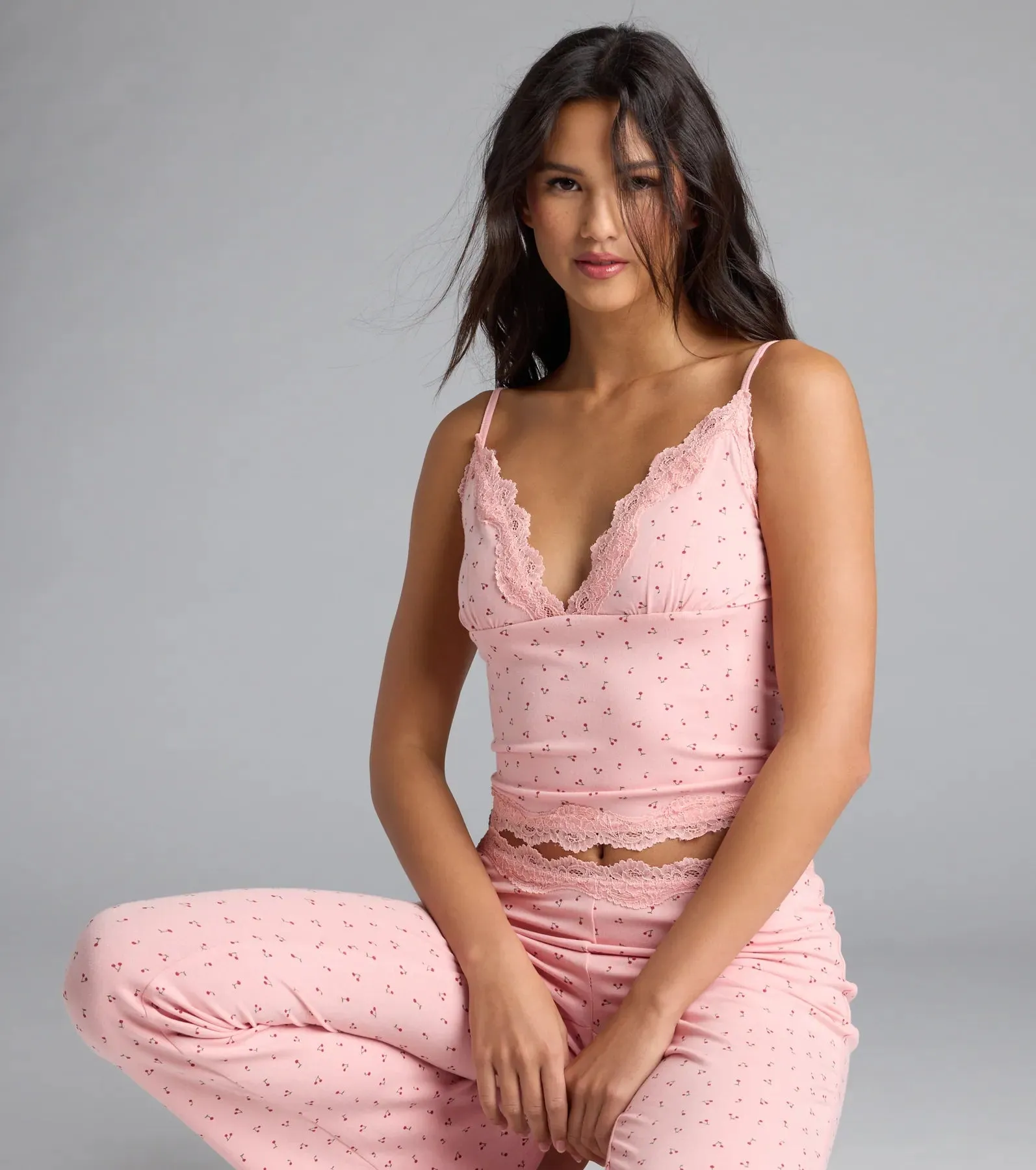 Sweet As Cherries Lace Trim Pajama Top sold by Windsor