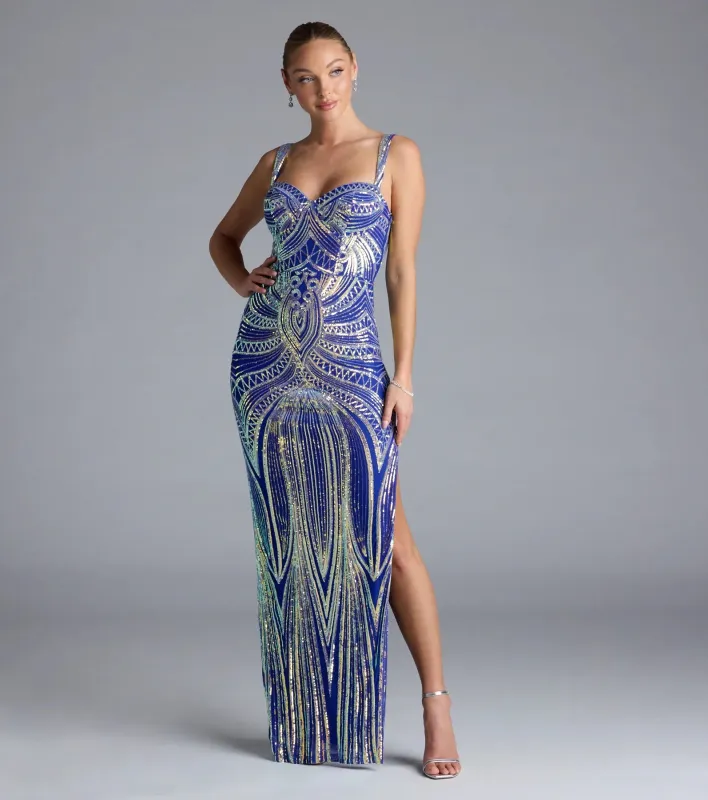 Elisa Iridescent Sequin High Slit Column Dress sold by Windsor