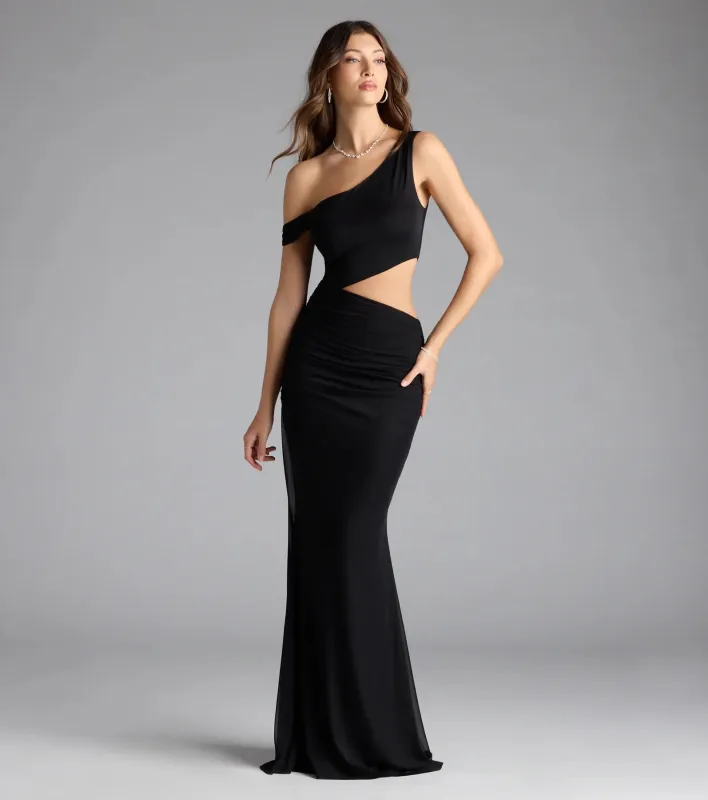 Idella One-Shoulder Cutout Mesh Formal Dress sold by Windsor