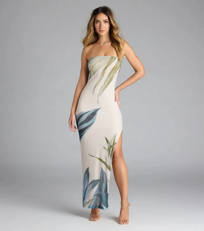 On A Vacay Strapless Tropical Slit Maxi Dress sold by Windsor