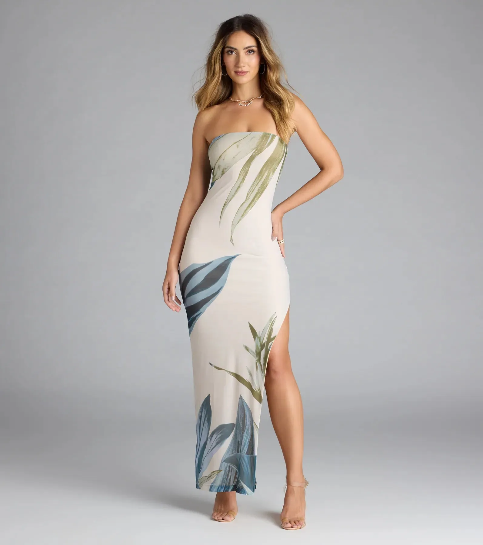 On A Vacay Strapless Tropical Slit Maxi Dress sold by Windsor