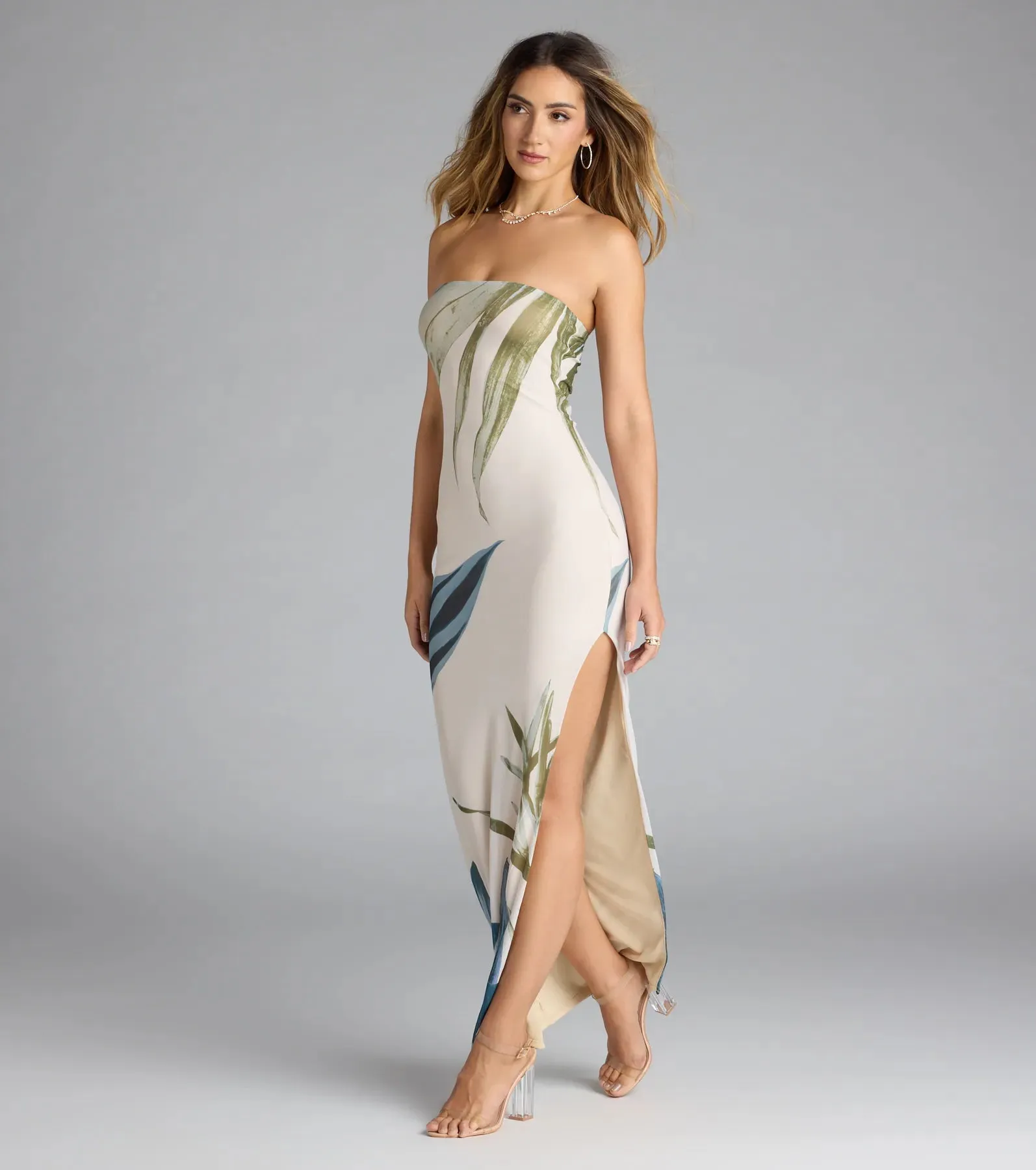 On A Vacay Strapless Tropical Slit Maxi Dress sold by Windsor product image thumbnail 4