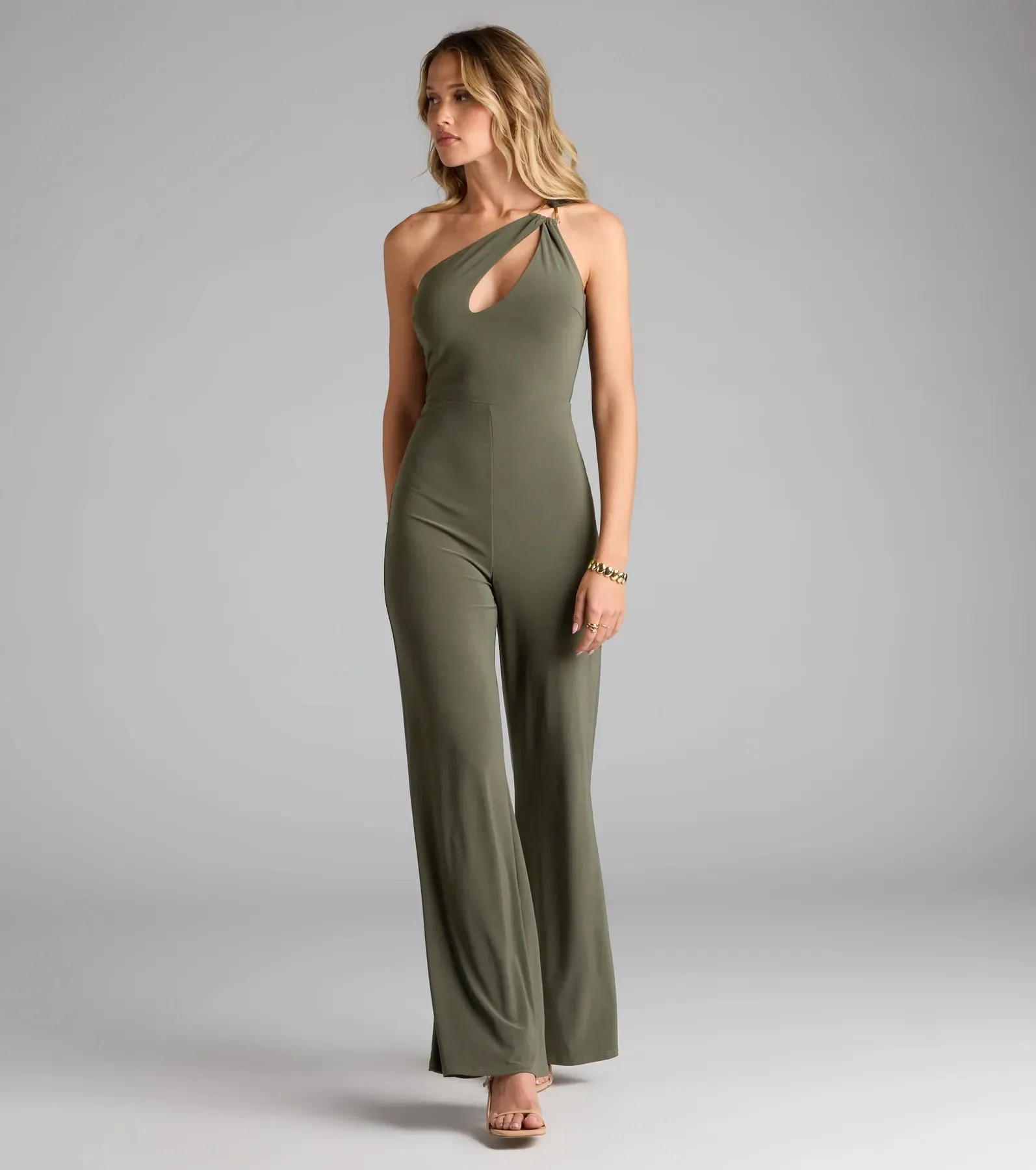 Being Chic One-Shoulder Cutout Wide-Leg Jumpsuit sold by Windsor