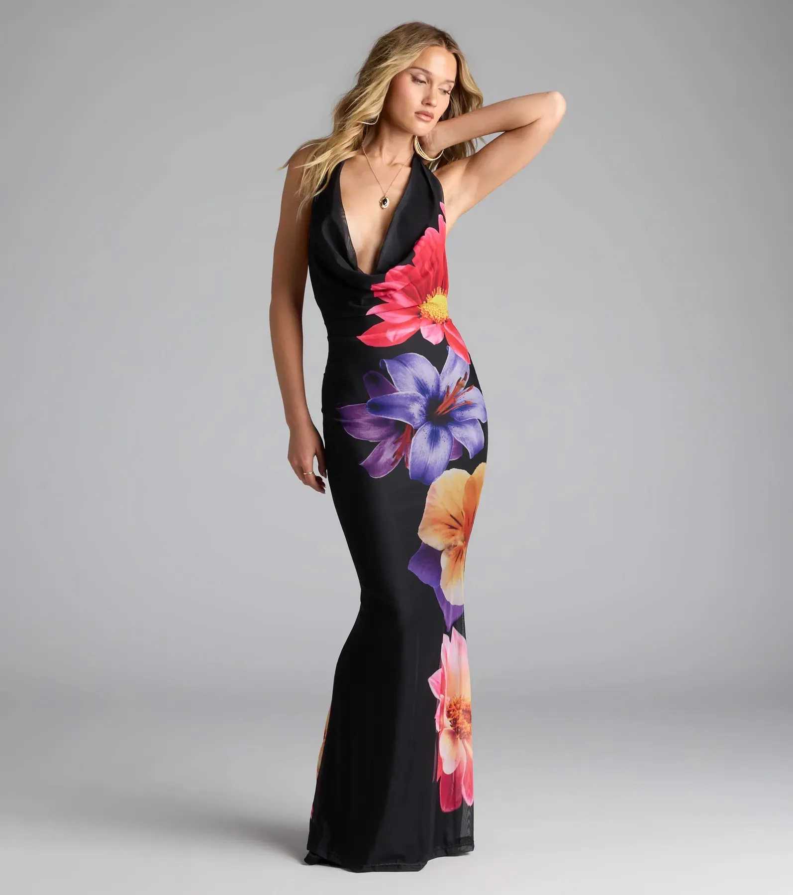 Amalfi Coast Plunge Neck Mermaid Floral Maxi Dress sold by Windsor