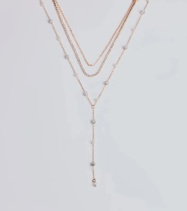 Glam Moment Rhinestone and Faux Pearl Lariat Necklace Set sold by Windsor