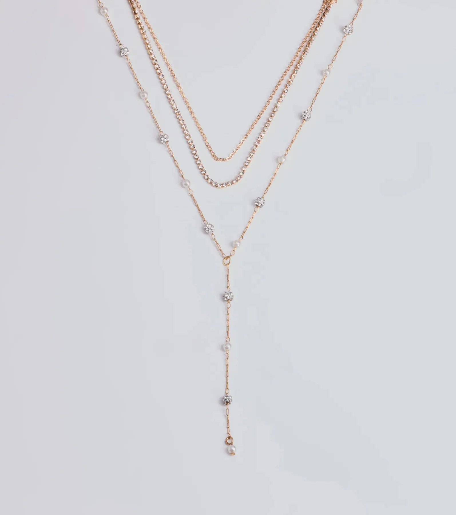 Glam Moment Rhinestone and Faux Pearl Lariat Necklace Set sold by Windsor