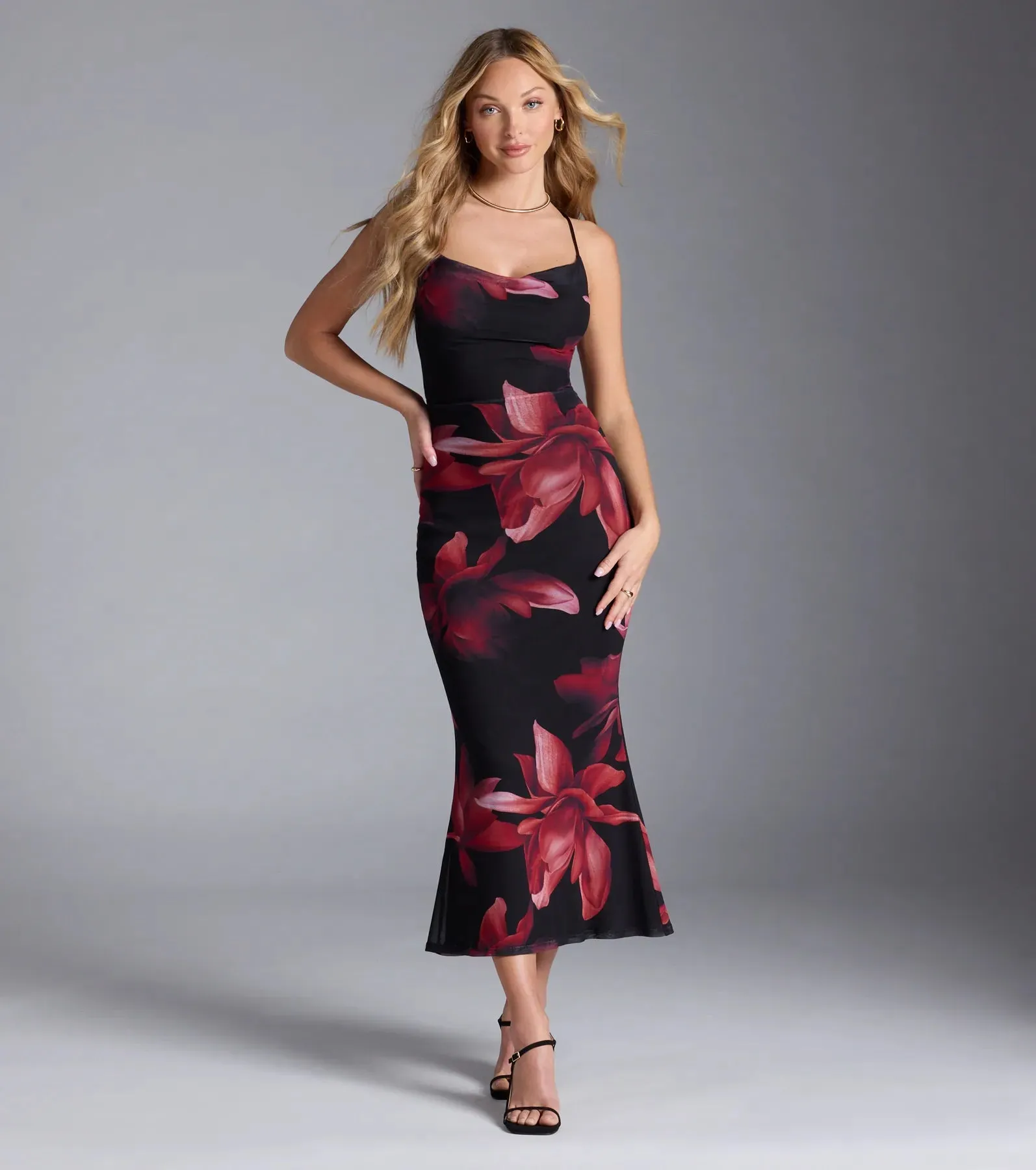 Captivating Floral Mesh Lace-Up Midi Dress sold by Windsor