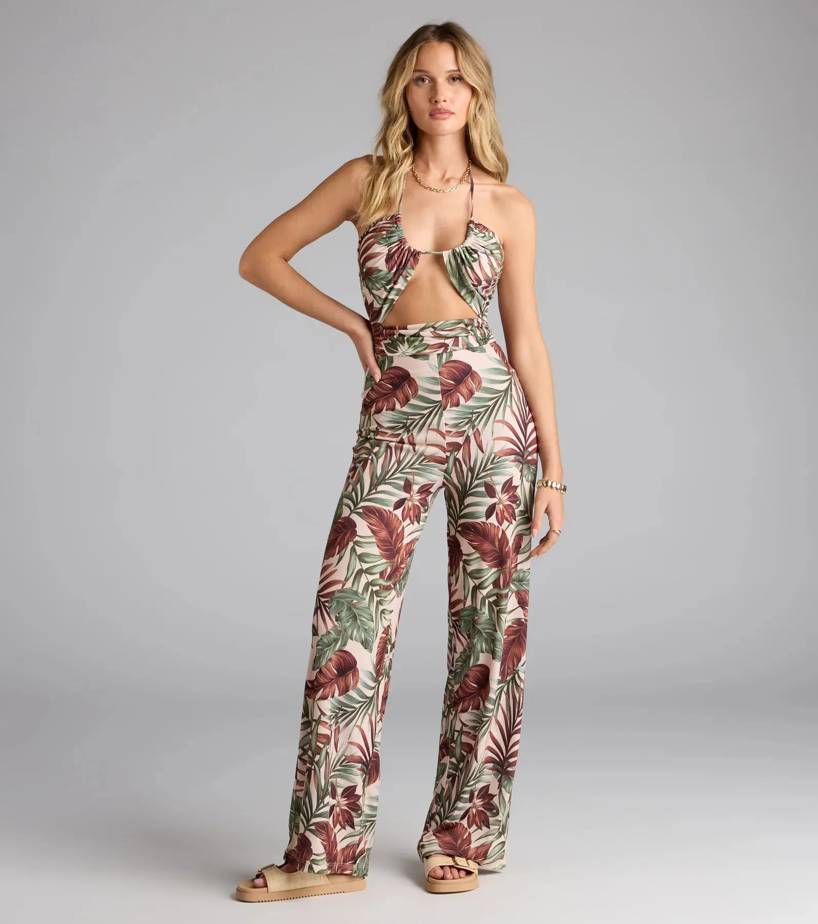 Vacay Mood Tropical Print Halter Cutout Jumpsuit sold by Windsor