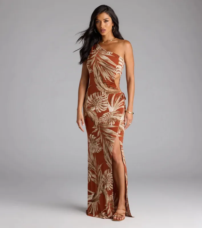 Island Style One-Shoulder Slit Tropical Maxi Dress sold by Windsor