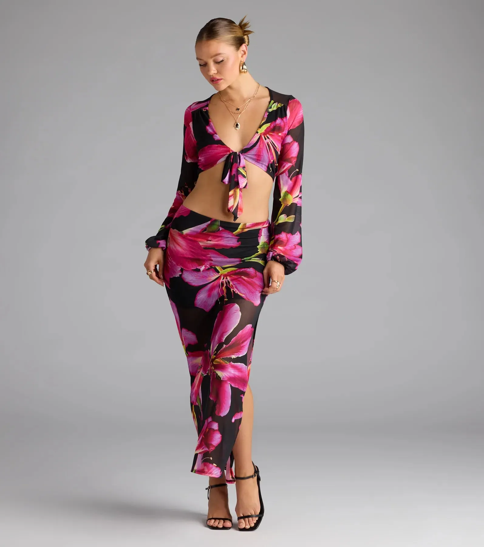 Vacay Queen Tropical Floral Mesh Maxi Skirt sold by Windsor