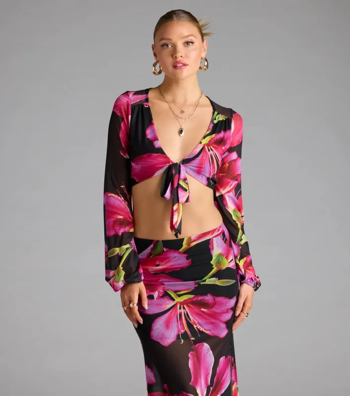 Vacay Queen Tropical Floral Mesh Tie-Front Top sold by Windsor