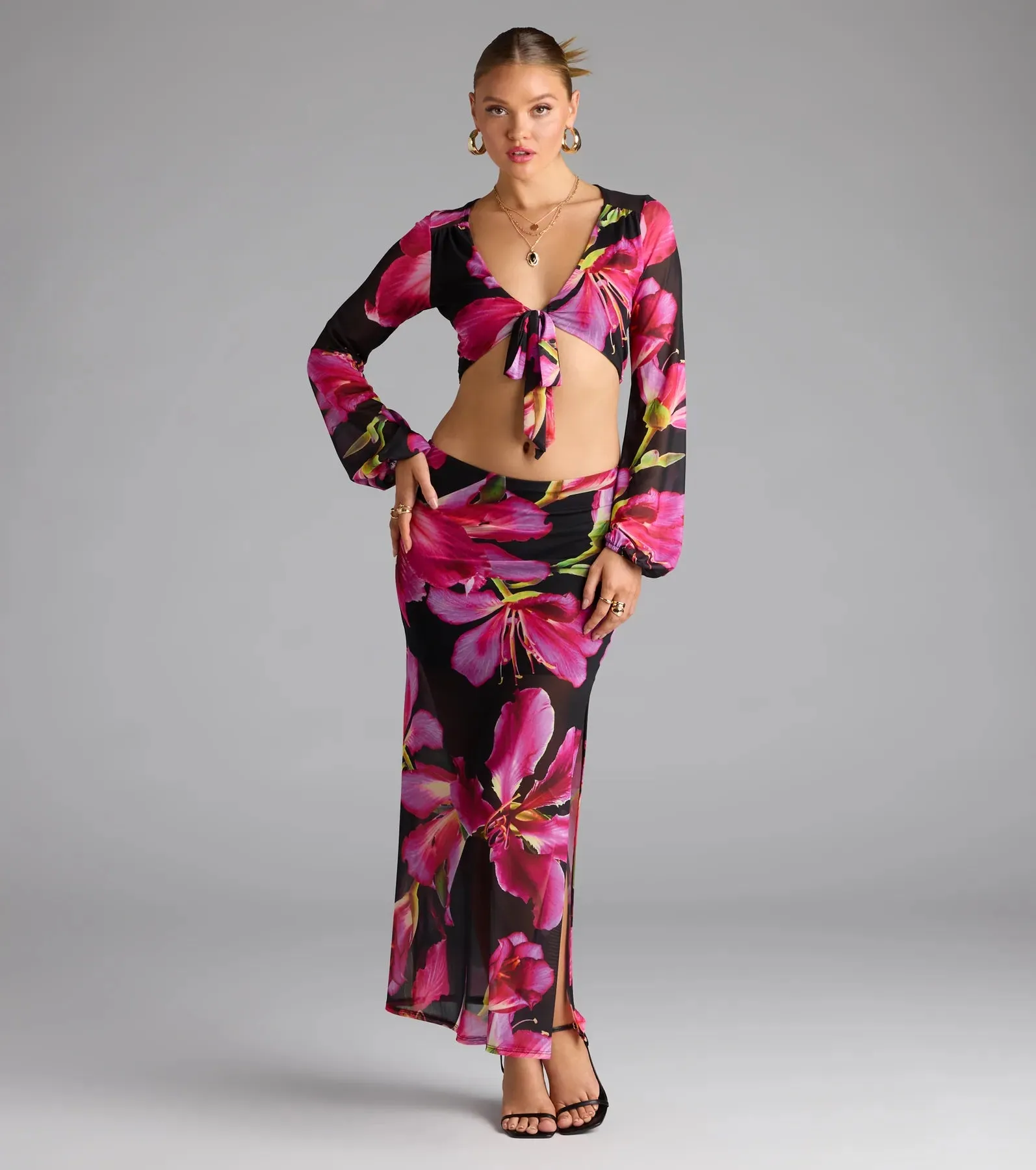 Vacay Queen Tropical Floral Mesh Tie-Front Top sold by Windsor product image thumbnail 3