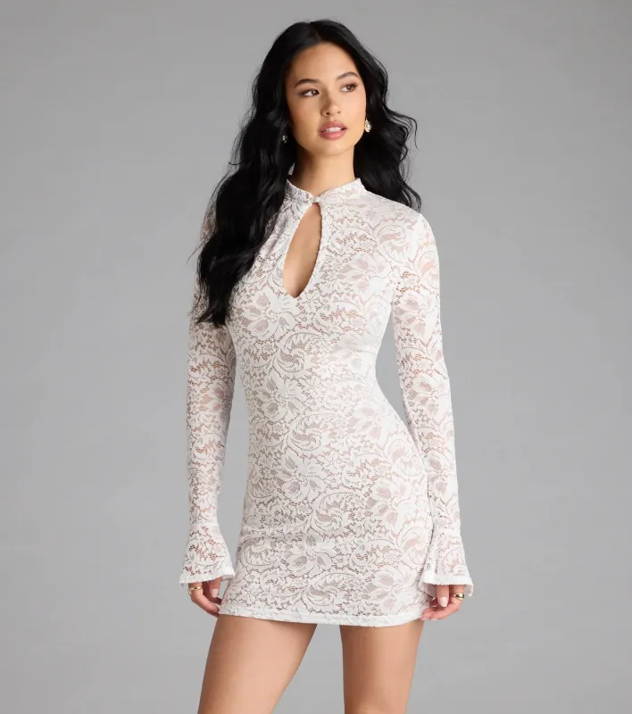 Looking Lovely Lace Bell Sleeve Mini Dress sold by Windsor