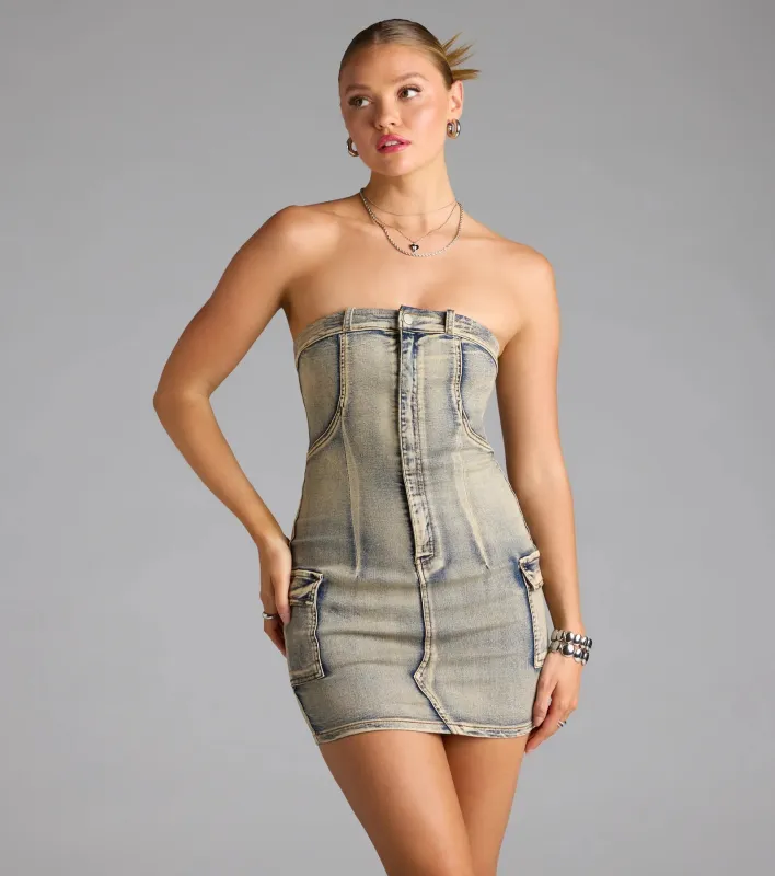 So Electric Strapless Jean Denim Mini Dress sold by Windsor