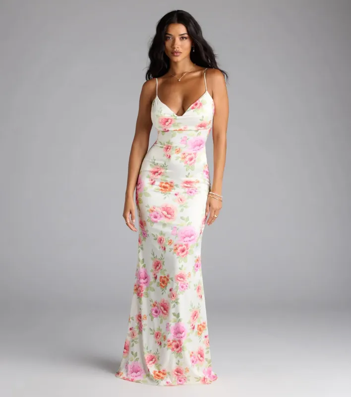 Emely Lace-Up Mermaid Floral Satin Formal Dress sold by Windsor