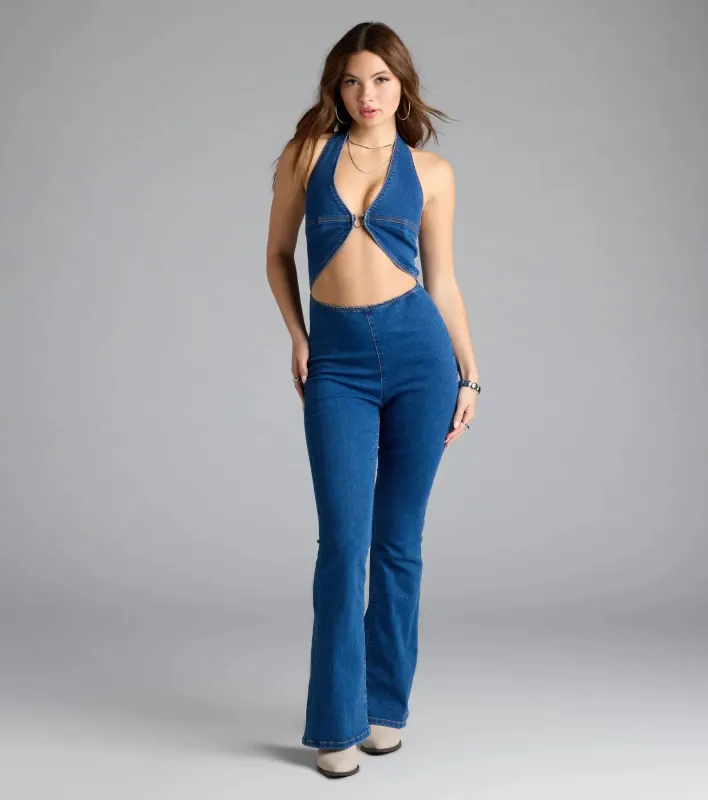Season Premiere Halter Cutout Denim Jumpsuit sold by Windsor