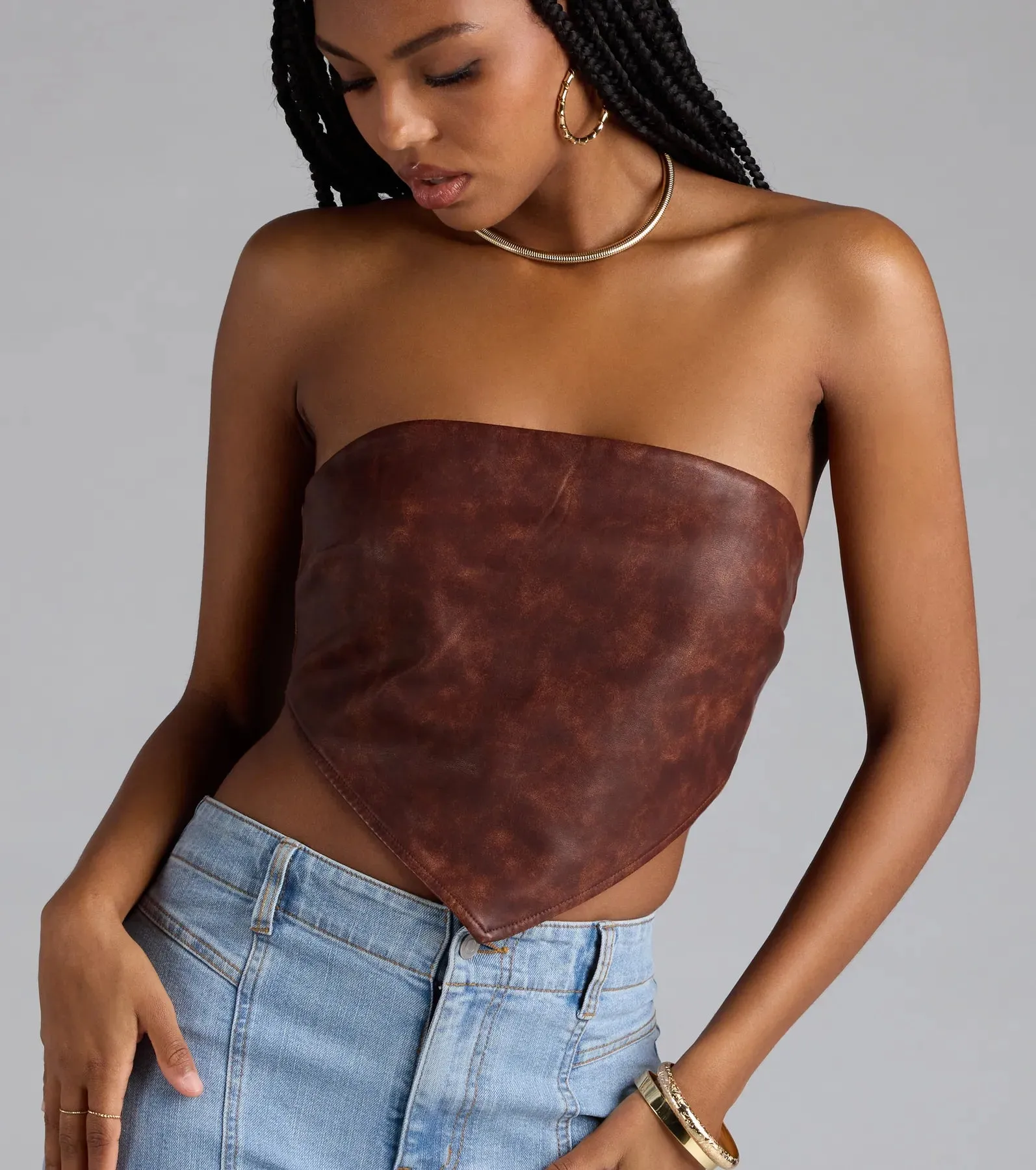 Stylish Edge Faux Leather Strapless Crop Top sold by Windsor product image thumbnail 4