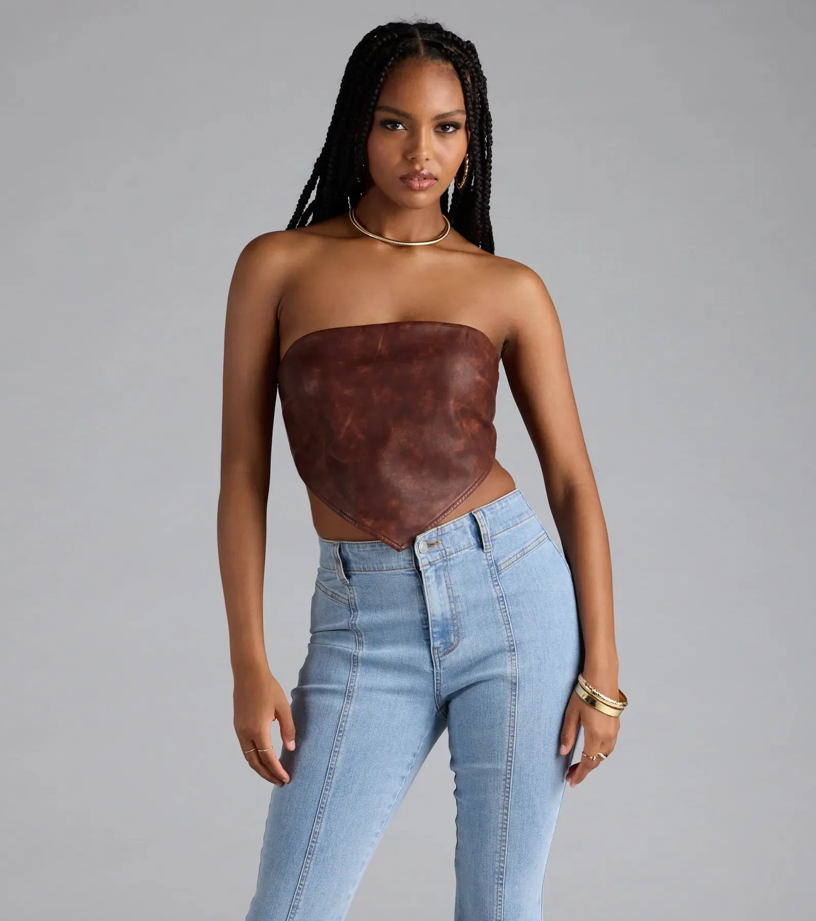 Stylish Edge Faux Leather Strapless Crop Top sold by Windsor