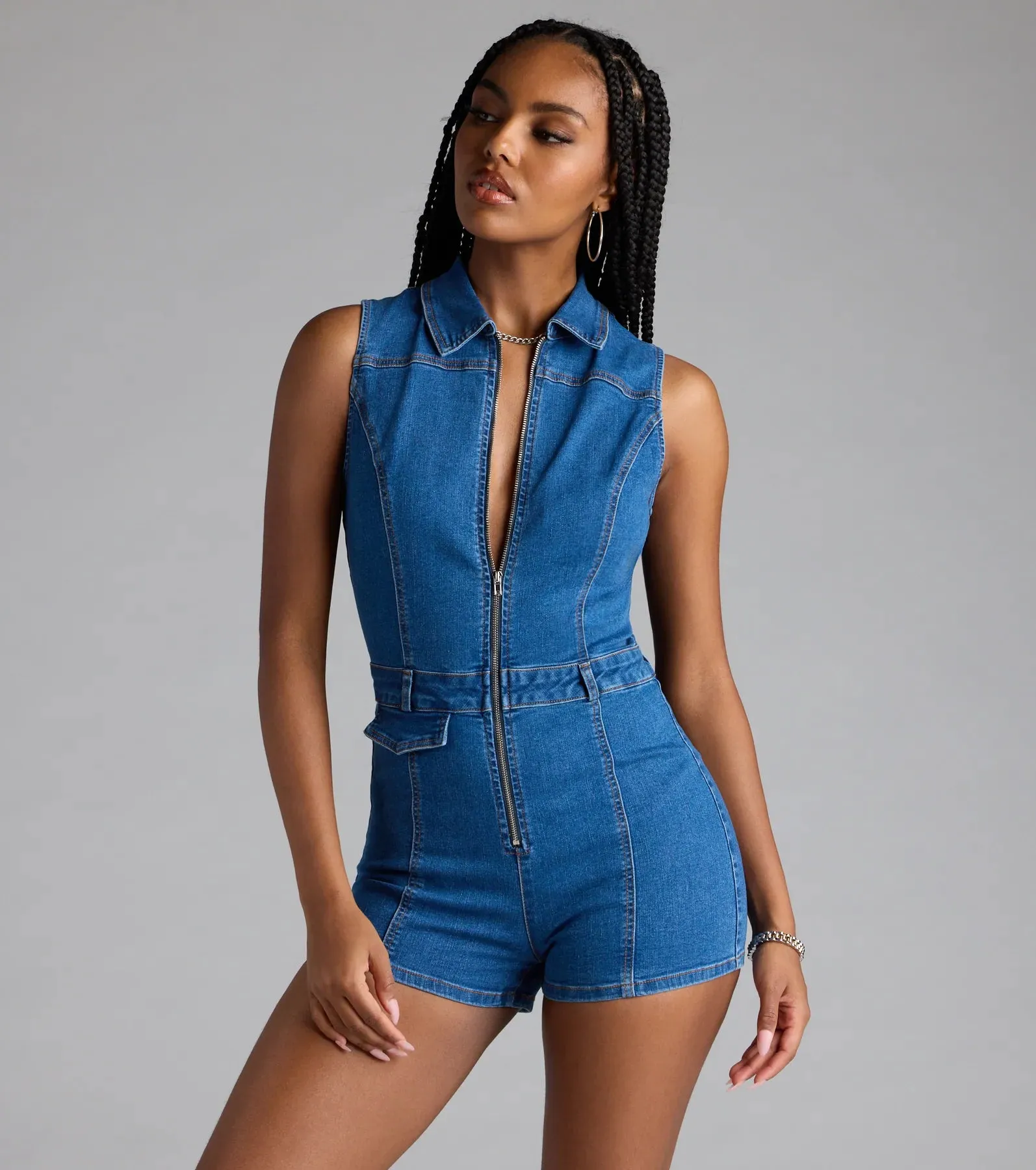 Trendy Fab Zip-Front Denim Romper sold by Windsor