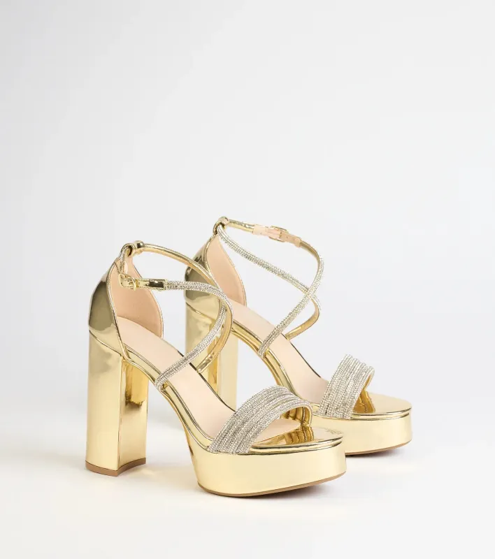 Glam Sheen Rhinestone Strappy Platform Heels sold by Windsor