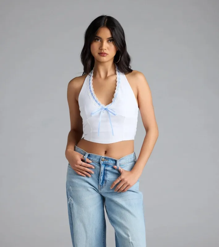Undeniable Charm Gingham Ribbon Halter Crop Top sold by Windsor