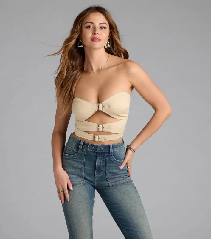 Buckle Up Strapless Cutout Crop Top sold by Windsor