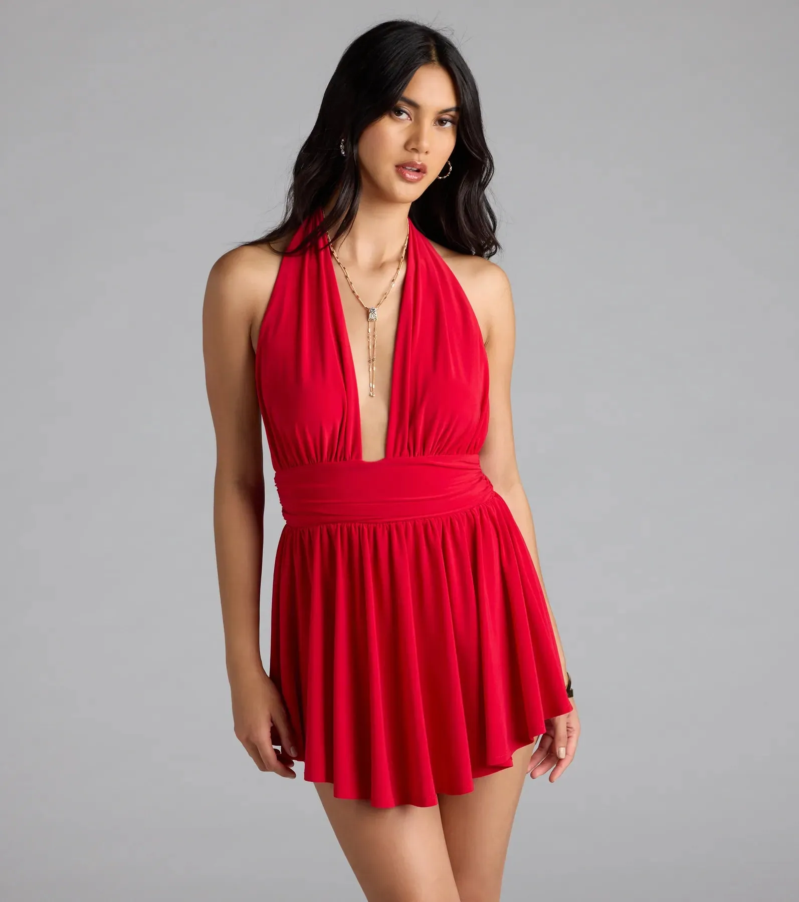 Bold Babe Halter Plunge Neck Romper sold by Windsor