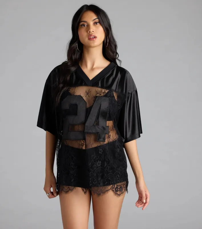 Sporty Chic Lace V-Neck 24 Graphic Jersey Top sold by Windsor