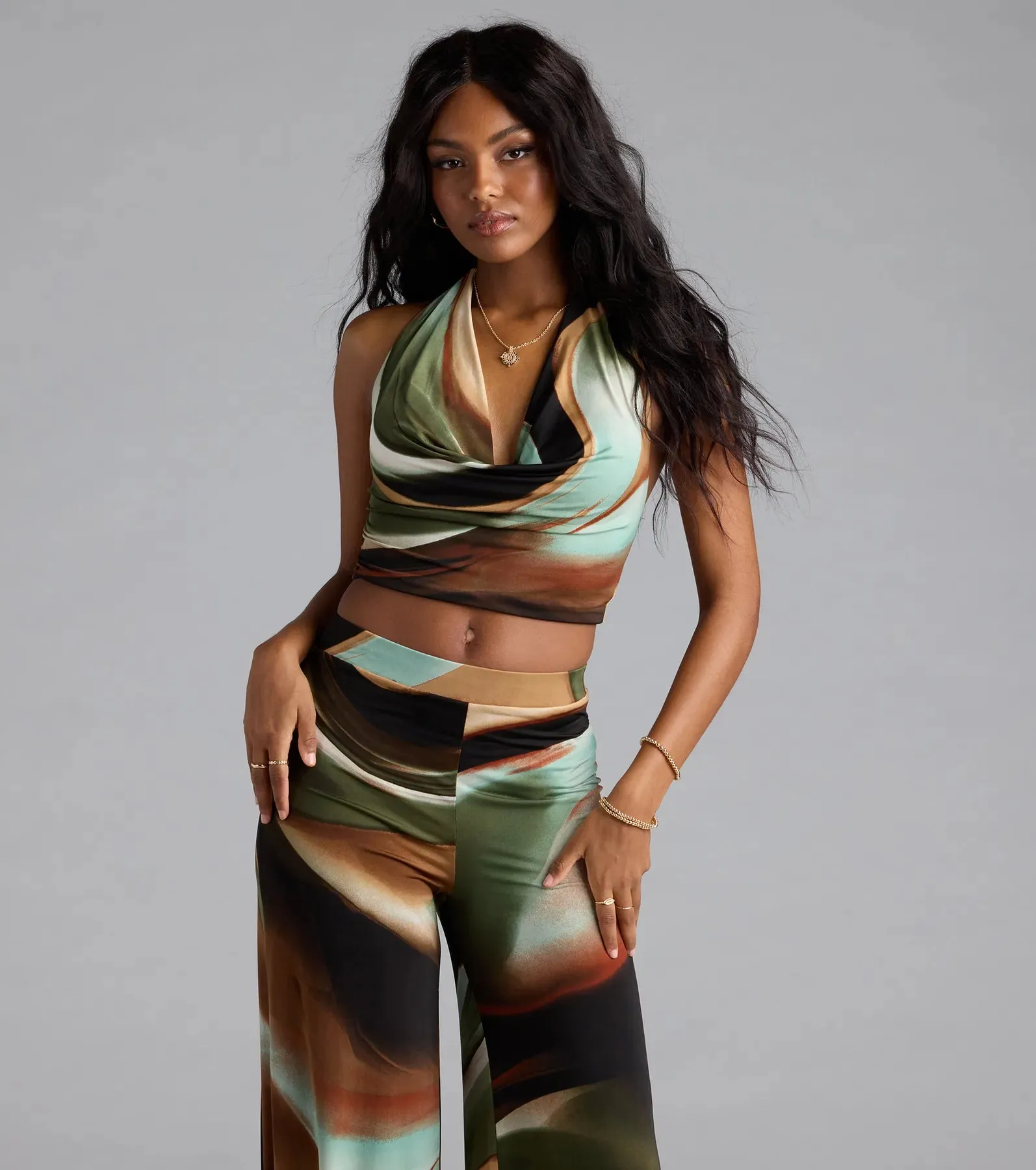 Sultry Effect Abstract Cowl Halter Crop Top sold by Windsor