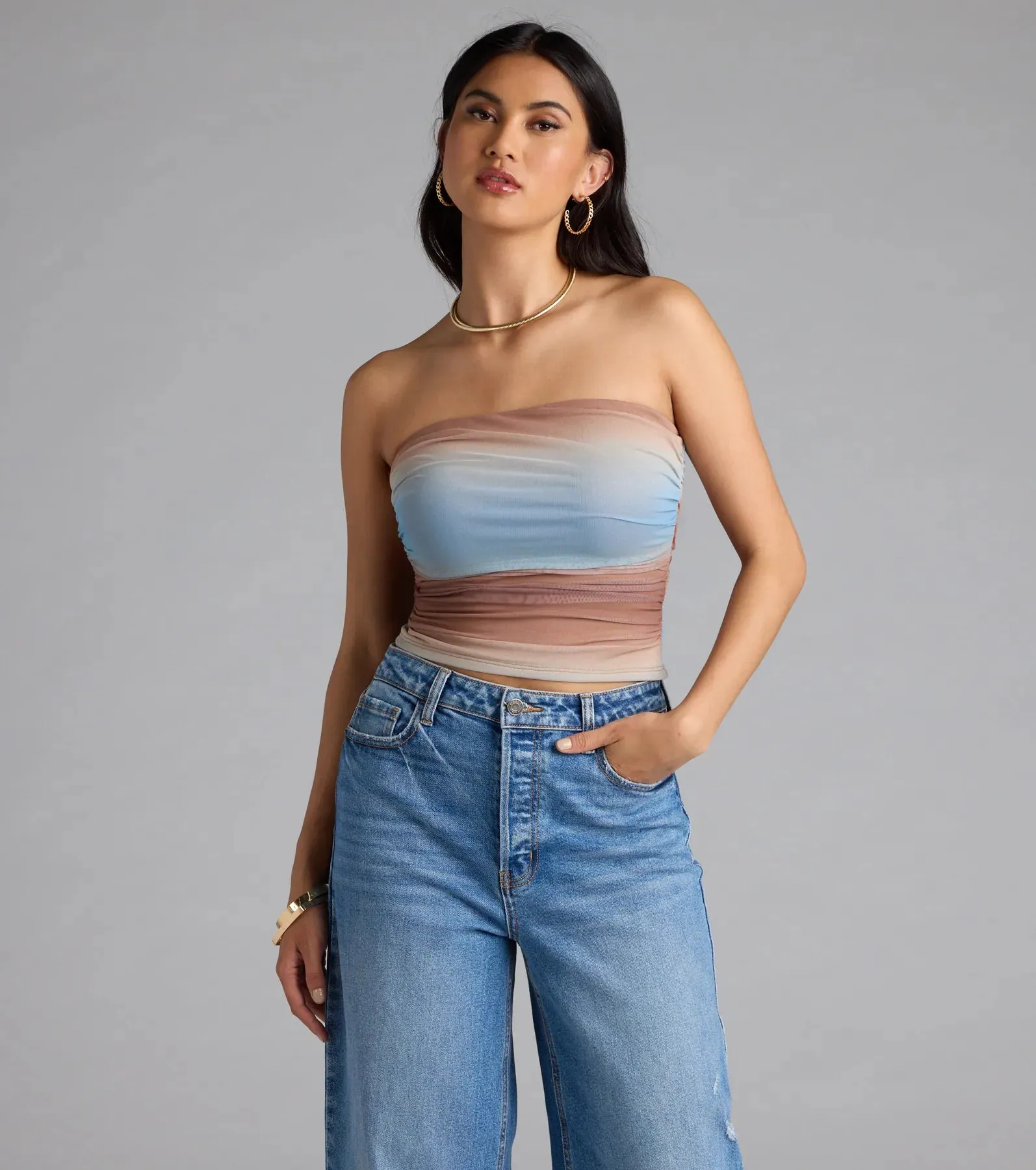 Artsy Allure Abstract Print Mesh Tube Top sold by Windsor