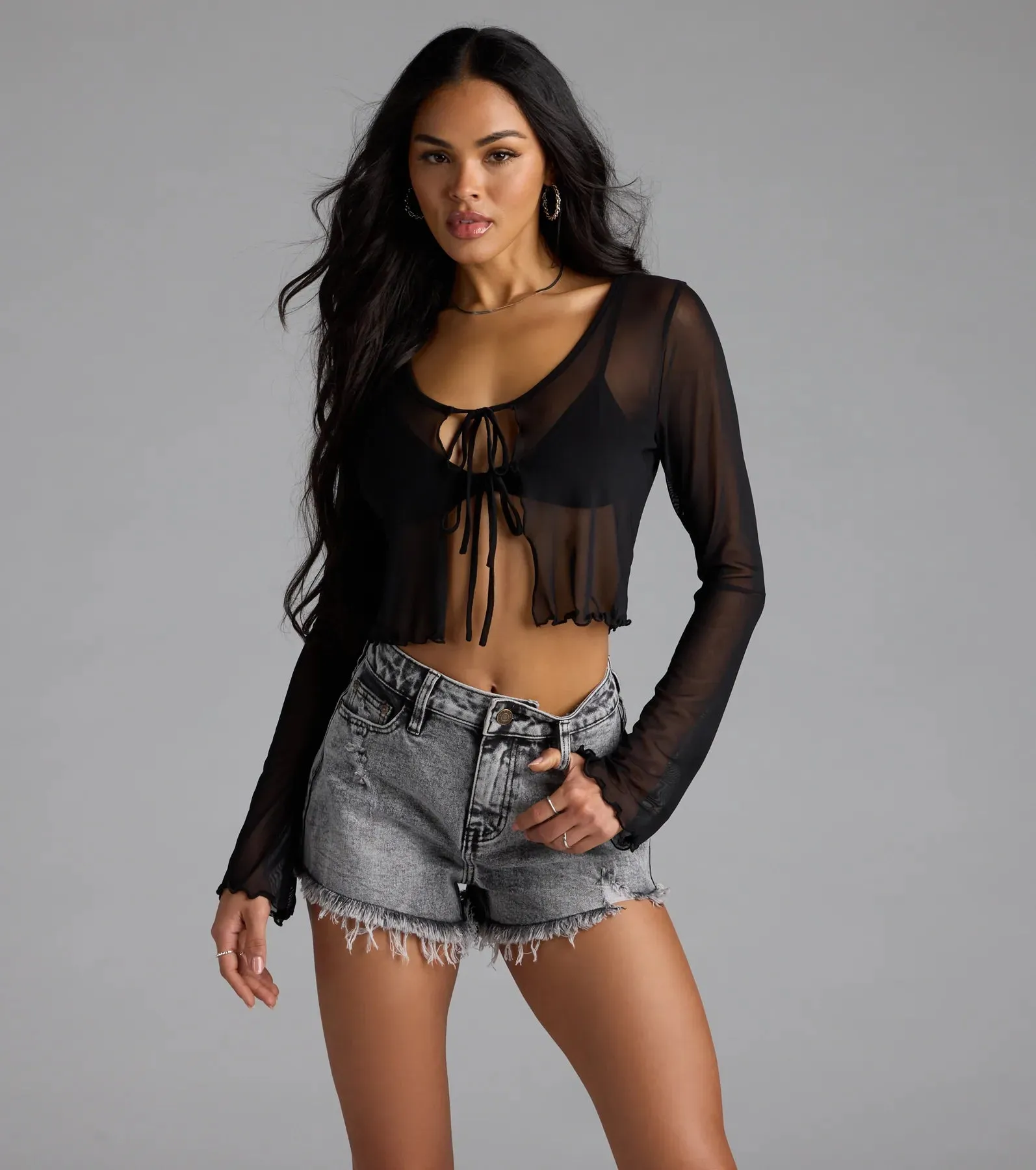 Sultry Take Tie-Front Long Sleeve Crop Top sold by Windsor