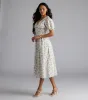 Summer Smiles Floral Puff Sleeve A-Line Midi Dress sold by Windsor