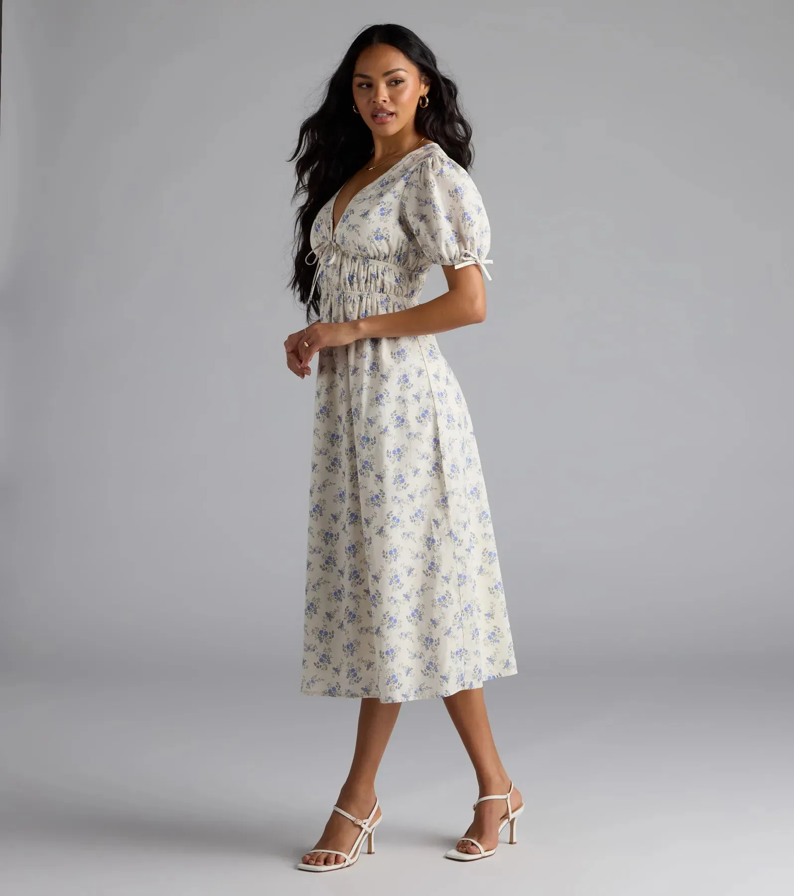 Summer Smiles Floral Puff Sleeve A-Line Midi Dress sold by Windsor product image thumbnail 4