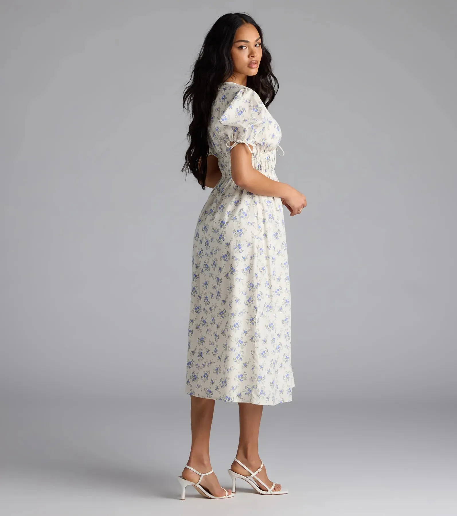 Summer Smiles Floral Puff Sleeve A-Line Midi Dress sold by Windsor product image thumbnail 2