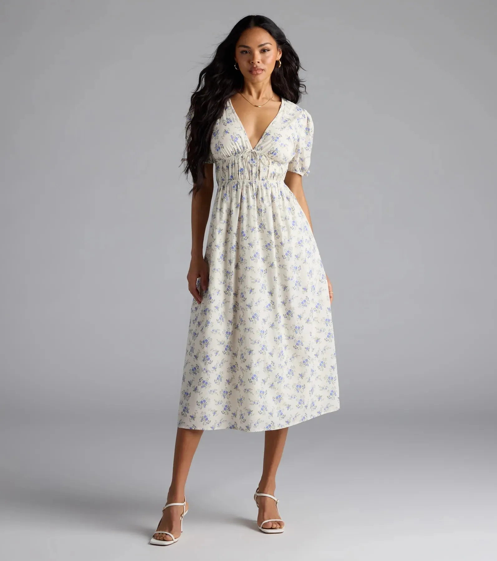 Summer Smiles Floral Puff Sleeve A-Line Midi Dress sold by Windsor