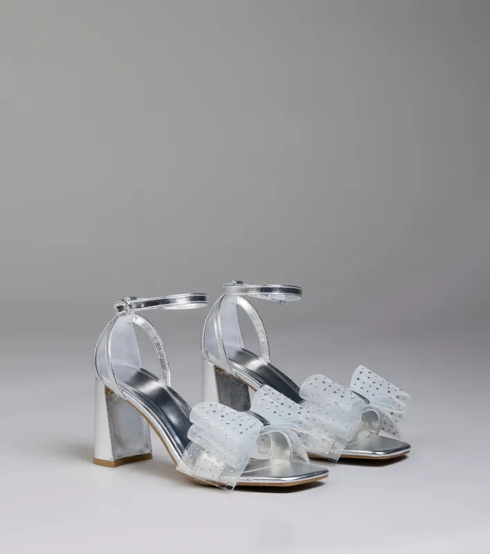 Fancy Looks Rhinestone Bow Metallic Block Heels sold by Windsor