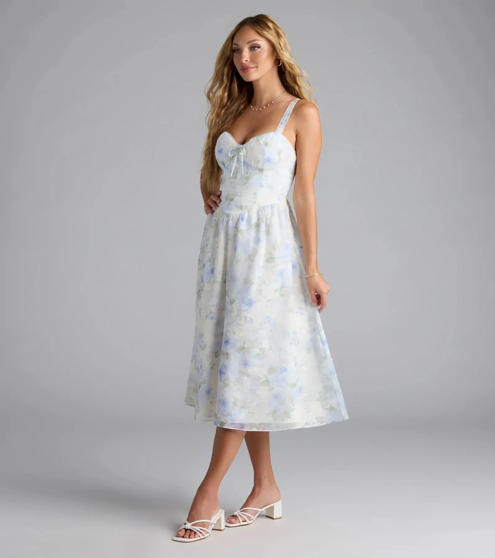 Charmed Sweetness Lace-Up Floral Chiffon Midi Dress sold by Windsor product image thumbnail 4